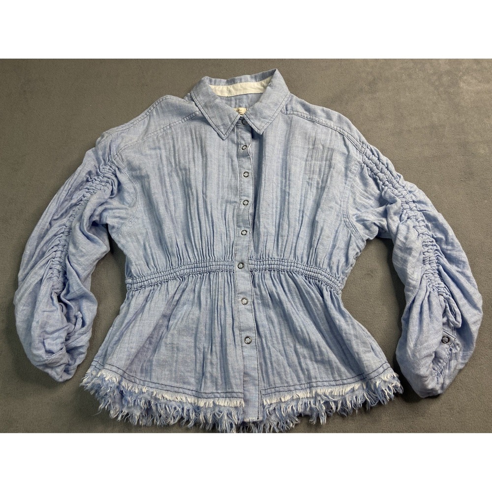 Free People Blouse Small Blue All Your Love Top Boho Ruched Festival Chambray